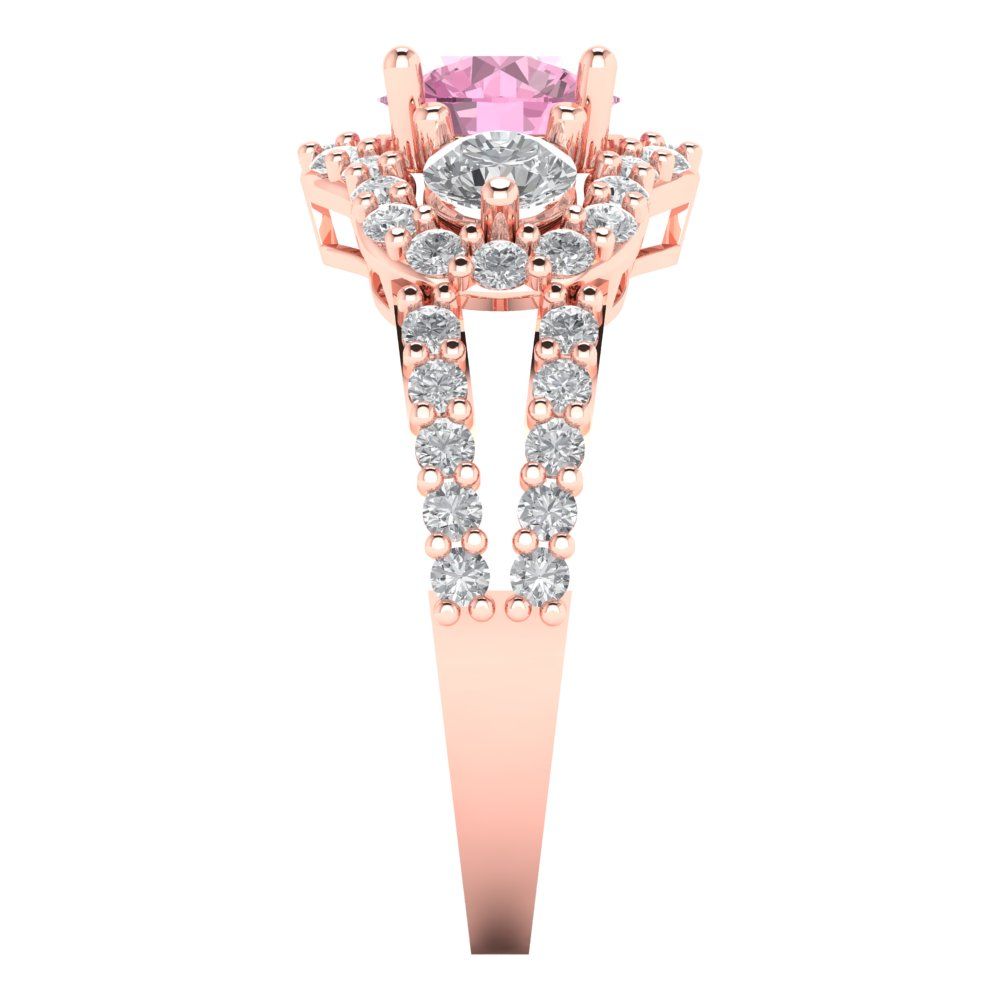 2.16 cttw Zirconia Simulated Pink Diamond Three-Stone Engagement Ring - Solid Rose Gold (VVS1, Round Cut,6.5mm)