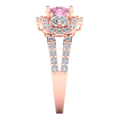 2.16 cttw Zirconia Simulated Pink Diamond Three-Stone Engagement Ring - Solid Rose Gold (VVS1, Round Cut,6.5mm)