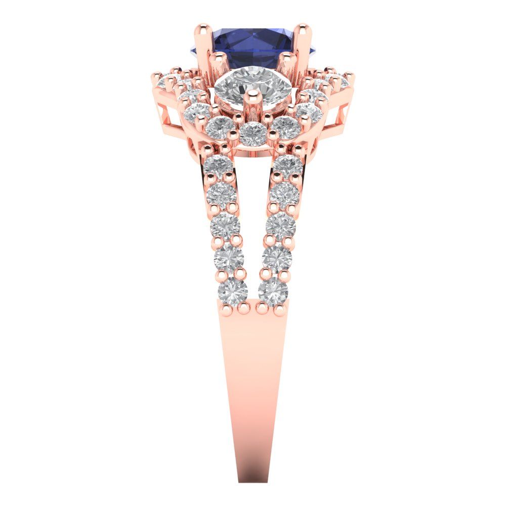 2.16 cttw Simulated Blue Sapphire Three-Stone Engagement Ring - Solid Rose Gold (VVS1, Round Cut,6.5mm)