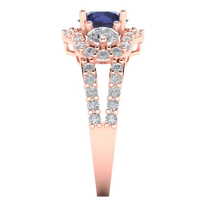2.16 cttw Simulated Blue Sapphire Three-Stone Engagement Ring - Solid Rose Gold (VVS1, Round Cut,6.5mm)