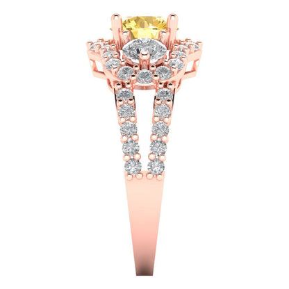 2.16 cttw Zirconia Simulated Yellow Diamond Three-Stone Engagement Ring - Solid Rose Gold (VVS1, Round Cut,6.5mm)