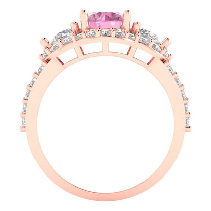 2.16 cttw Zirconia Simulated Pink Diamond Three-Stone Engagement Ring - Solid Rose Gold (VVS1, Round Cut,6.5mm)