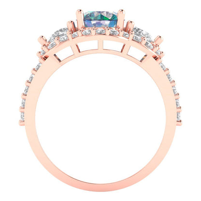 2.16 cttw Blue Moissanite Three-Stone Engagement Ring - Solid Rose Gold (VVS1, Round Cut,6.5mm)