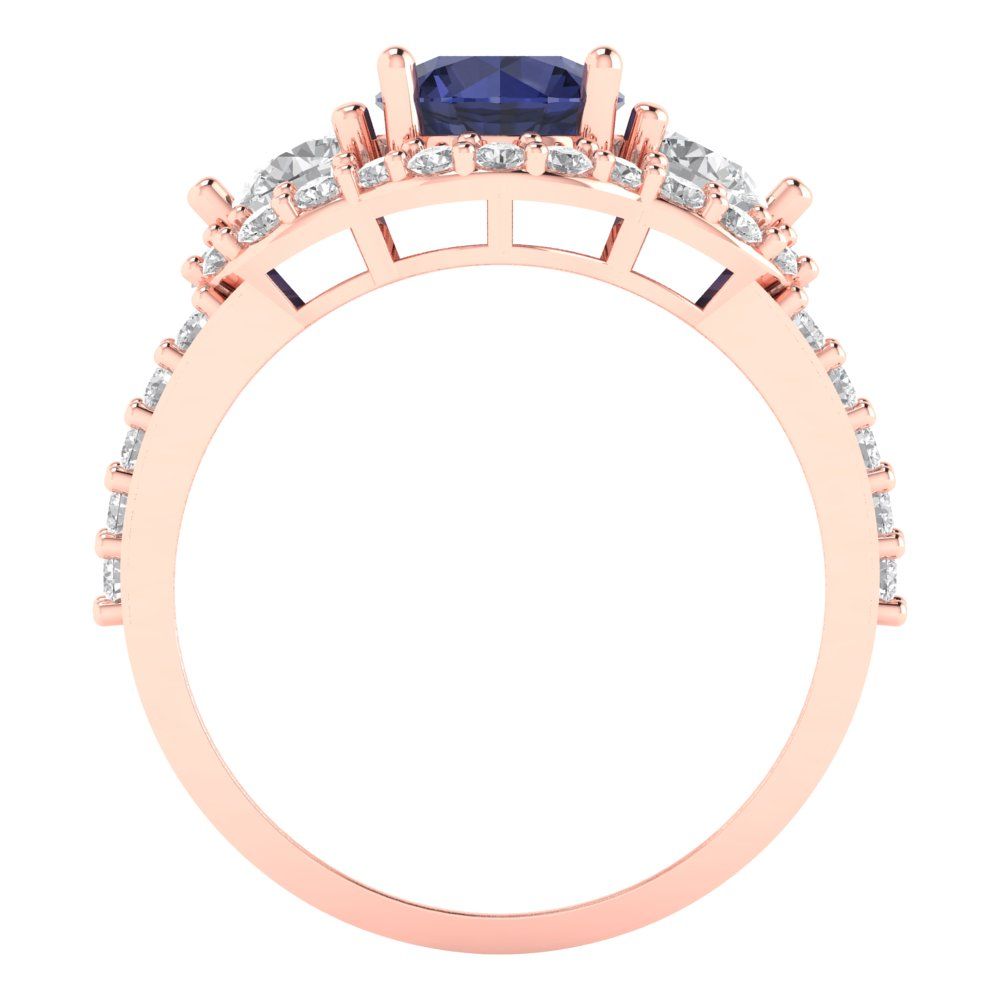 2.16 cttw Simulated Blue Sapphire Three-Stone Engagement Ring - Solid Rose Gold (VVS1, Round Cut,6.5mm)