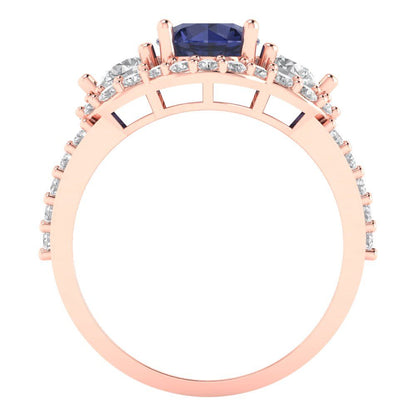 2.16 cttw Simulated Blue Sapphire Three-Stone Engagement Ring - Solid Rose Gold (VVS1, Round Cut,6.5mm)