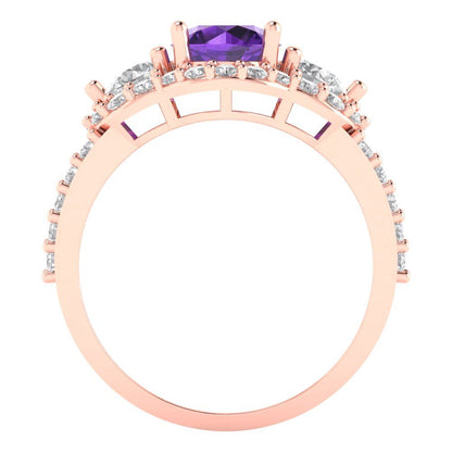 2.16 cttw Natural Amethyst Three-Stone Engagement Ring - Solid Rose Gold (VVS1, Round Cut,6.5mm)