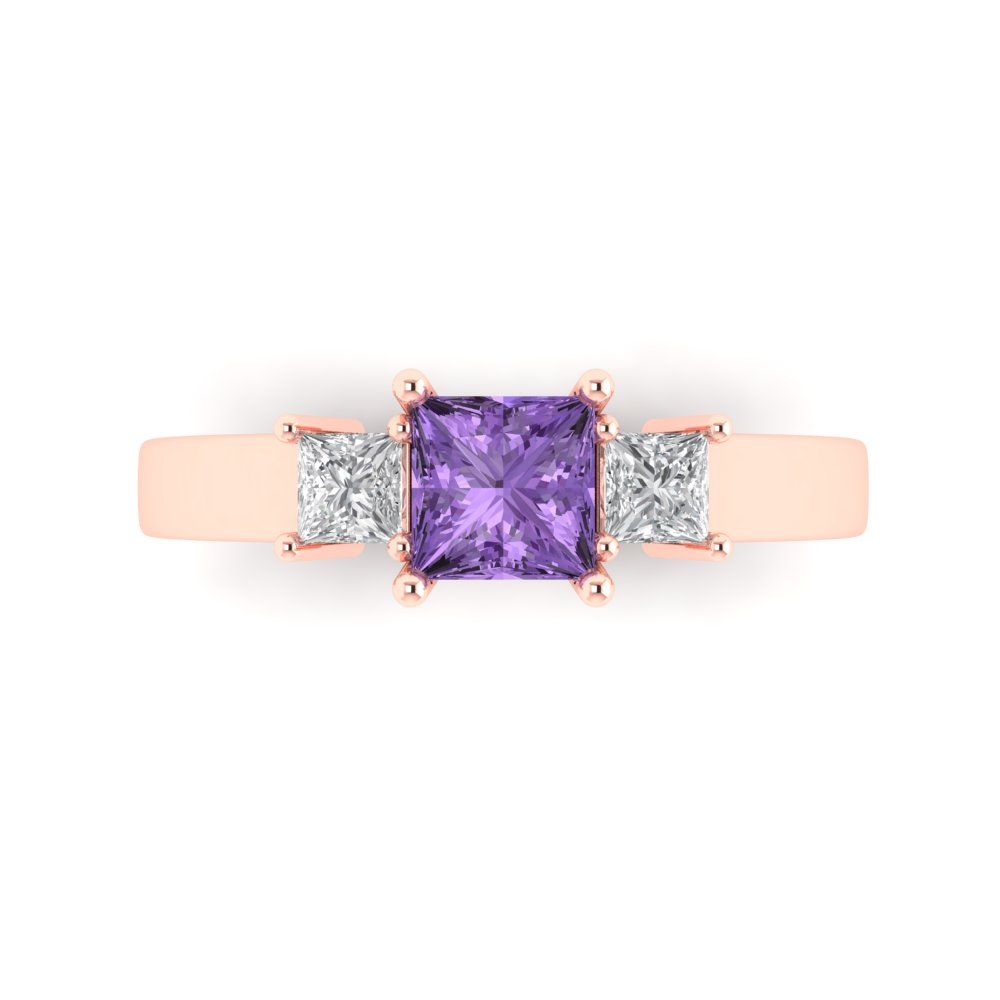 1.11 cttw Simulated Alexandrite Three-Stone Engagement Ring - Solid Rose Gold (VVS1, Princess Cut,5.0mm)
