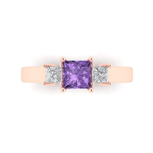 1.11 cttw Simulated Alexandrite Three-Stone Engagement Ring - Solid Rose Gold (VVS1, Princess Cut,5.0mm)