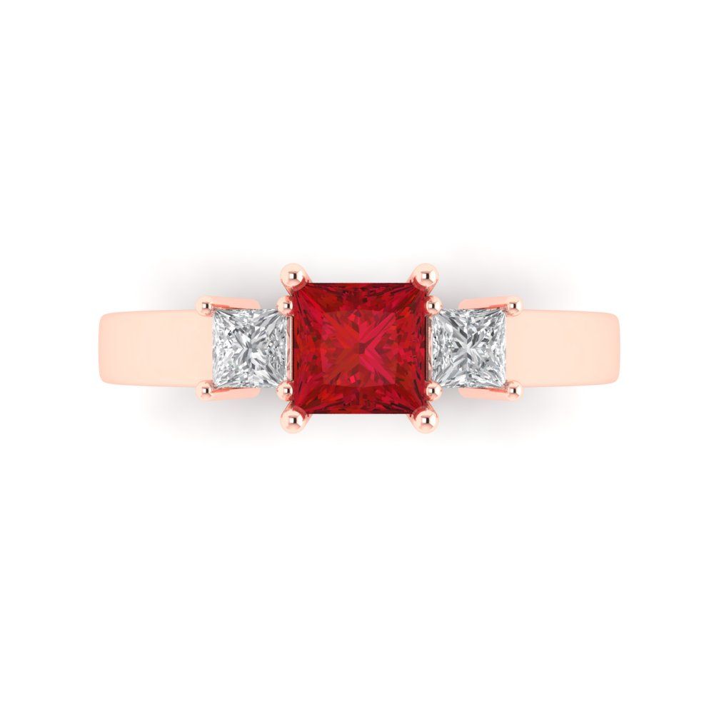 1.11 cttw Simulated Ruby Three-Stone Engagement Ring - Solid Rose Gold (VVS1, Princess Cut,5.0mm)