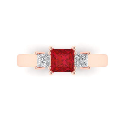 1.11 cttw Simulated Ruby Three-Stone Engagement Ring - Solid Rose Gold (VVS1, Princess Cut,5.0mm)