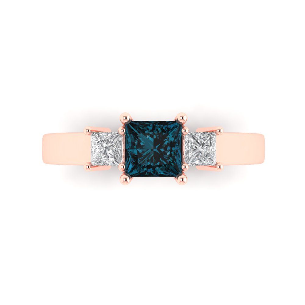 1.11 cttw Natural London Blue Topaz Three-Stone Engagement Ring - Solid Rose Gold (VVS1, Princess Cut,5.0mm)