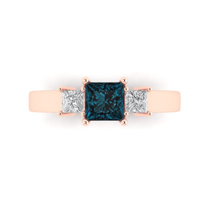 1.11 cttw Natural London Blue Topaz Three-Stone Engagement Ring - Solid Rose Gold (VVS1, Princess Cut,5.0mm)