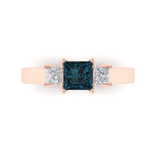 1.11 cttw Natural London Blue Topaz Three-Stone Engagement Ring - Solid Rose Gold (VVS1, Princess Cut,5.0mm)