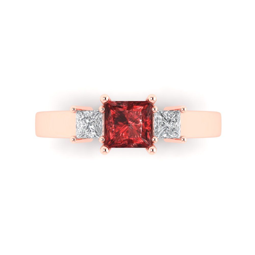 1.11 cttw Natural Garnet Three-Stone Engagement Ring - Solid Rose Gold (VVS1, Princess Cut,5.0mm)
