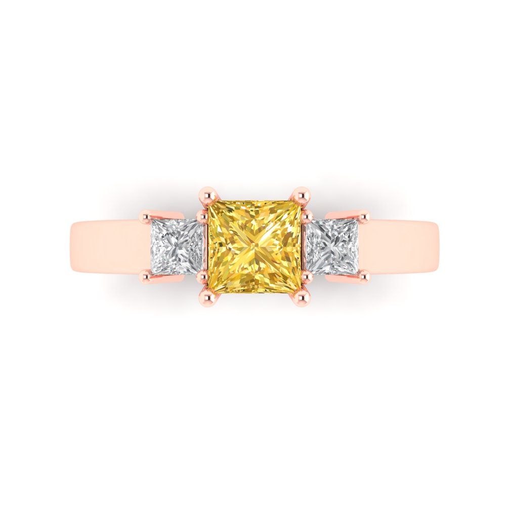 1.11 cttw Zirconia Simulated Yellow Diamond Three-Stone Engagement Ring - Solid Rose Gold (VVS1, Princess Cut,5.0mm)