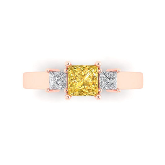 1.11 cttw Zirconia Simulated Yellow Diamond Three-Stone Engagement Ring - Solid Rose Gold (VVS1, Princess Cut,5.0mm)