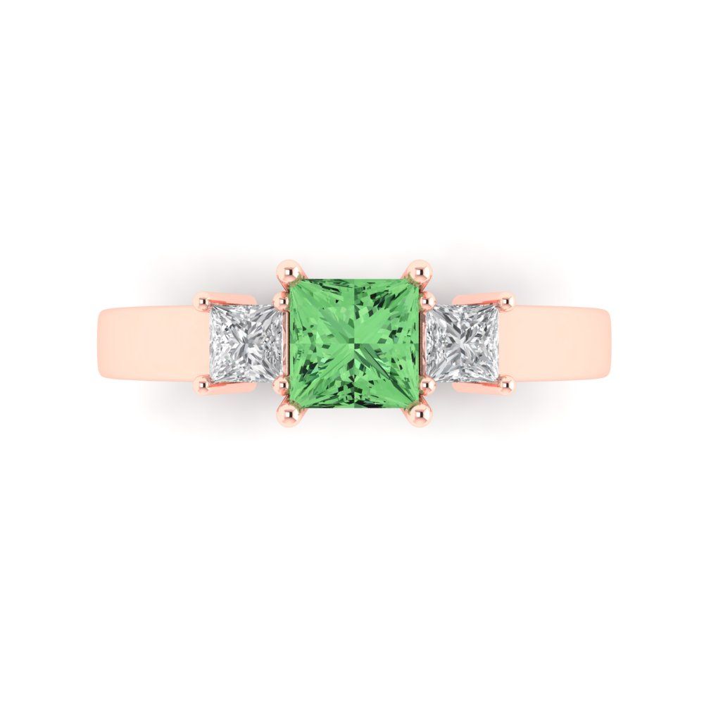 1.11 cttw Zirconia Simulated Green Diamond Three-Stone Engagement Ring - Solid Rose Gold (VVS1, Princess Cut,5.0mm)