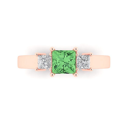 1.11 cttw Zirconia Simulated Green Diamond Three-Stone Engagement Ring - Solid Rose Gold (VVS1, Princess Cut,5.0mm)
