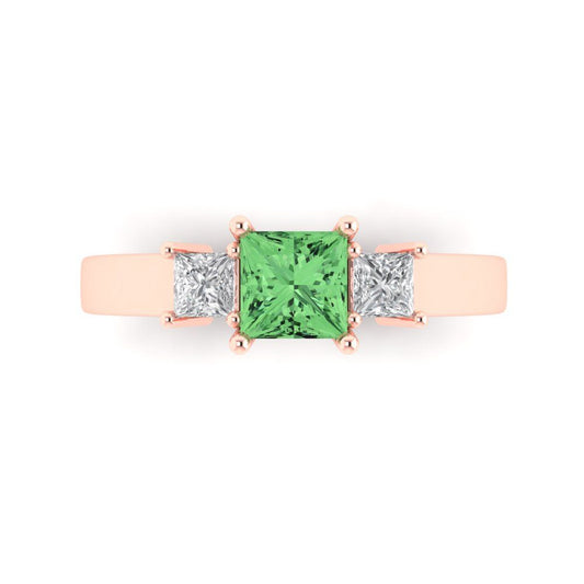 1.11 cttw Zirconia Simulated Green Diamond Three-Stone Engagement Ring - Solid Rose Gold (VVS1, Princess Cut,5.0mm)