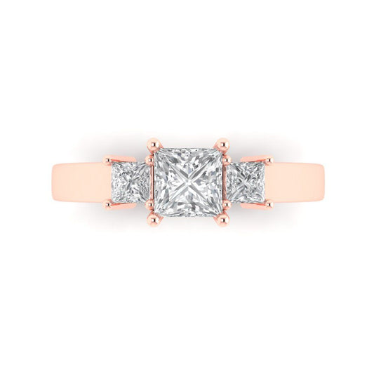 1.11 cttw White Sapphire Three-Stone Engagement Ring - Solid Rose Gold (VVS1, Princess Cut,5.0mm)