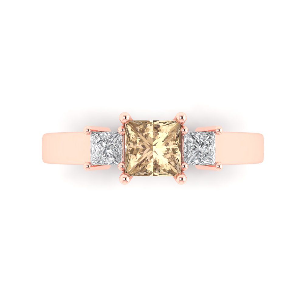 1.11 cttw Yellow Moissanite Three-Stone Engagement Ring - Solid Rose Gold (VVS1, Princess Cut,5.0mm)