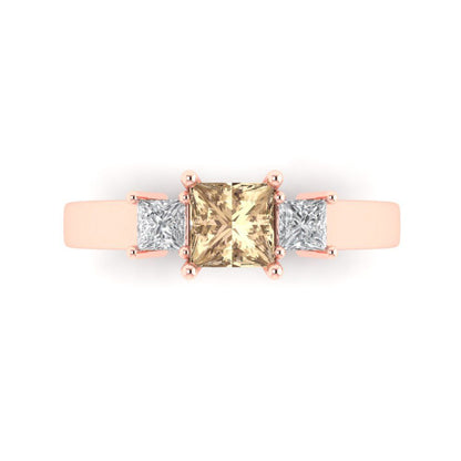 1.11 cttw Yellow Moissanite Three-Stone Engagement Ring - Solid Rose Gold (VVS1, Princess Cut,5.0mm)
