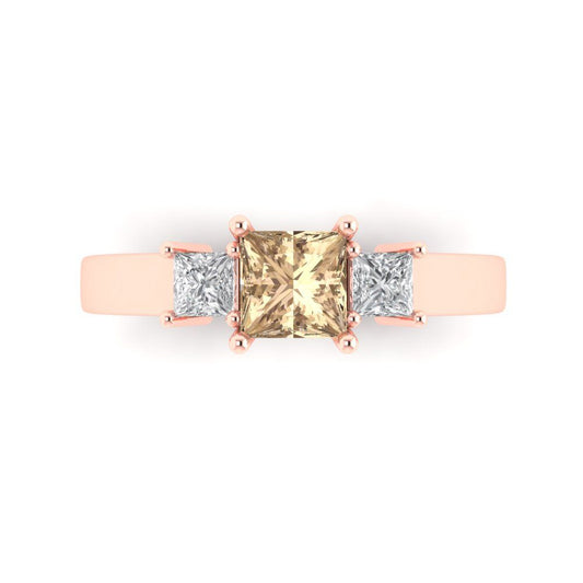 1.11 cttw Yellow Moissanite Three-Stone Engagement Ring - Solid Rose Gold (VVS1, Princess Cut,5.0mm)
