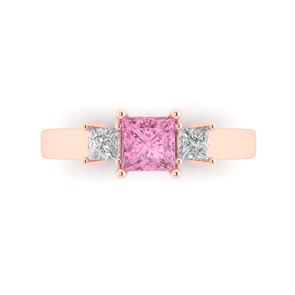1.11 cttw Zirconia Simulated Pink Diamond Three-Stone Engagement Ring - Solid Rose Gold (VVS1, Princess Cut,5.0mm)