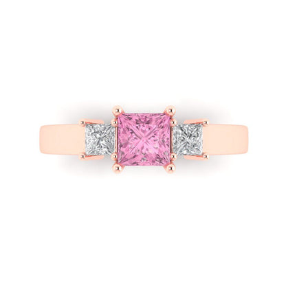 1.11 cttw Zirconia Simulated Pink Diamond Three-Stone Engagement Ring - Solid Rose Gold (VVS1, Princess Cut,5.0mm)