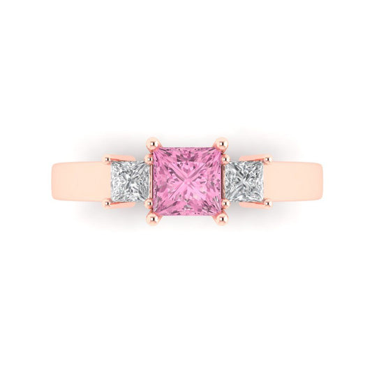 1.11 cttw Zirconia Simulated Pink Diamond Three-Stone Engagement Ring - Solid Rose Gold (VVS1, Princess Cut,5.0mm)