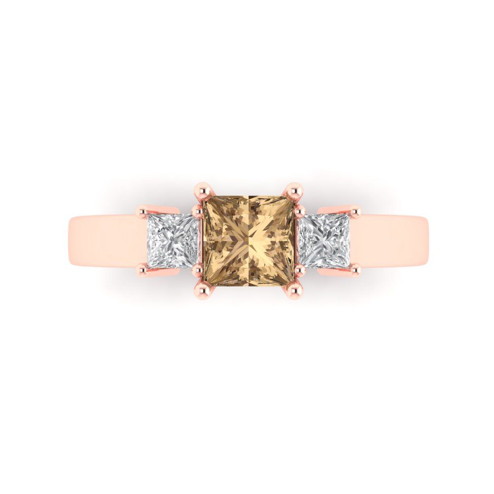 1.11 cttw Zirconia Simulated Champagne Diamond Three-Stone Engagement Ring - Solid Rose Gold (VVS1, Princess Cut,5.0mm)