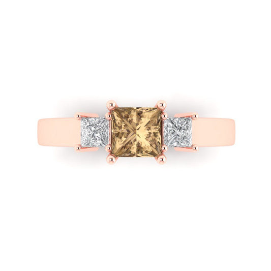 1.11 cttw Zirconia Simulated Champagne Diamond Three-Stone Engagement Ring - Solid Rose Gold (VVS1, Princess Cut,5.0mm)