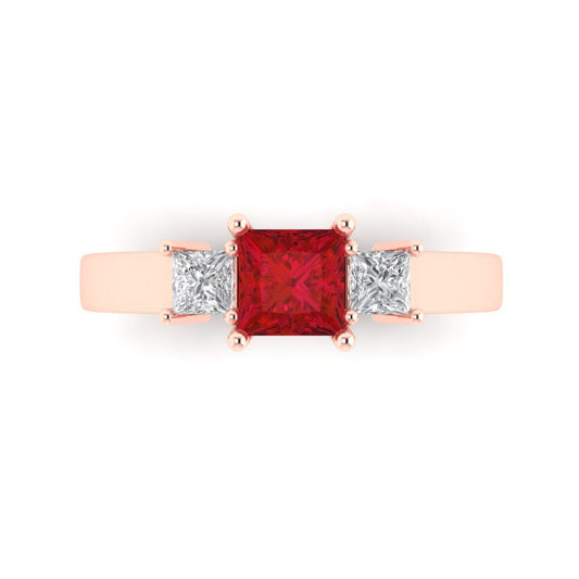 1.11 cttw Simulated Pink Tourmaline Three-Stone Engagement Ring - Solid Rose Gold (VVS1, Princess Cut,5.0mm)