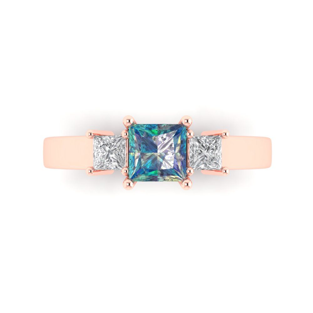 1.11 cttw Blue Moissanite Three-Stone Engagement Ring - Solid Rose Gold (VVS1, Princess Cut,5.0mm)