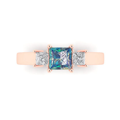1.11 cttw Blue Moissanite Three-Stone Engagement Ring - Solid Rose Gold (VVS1, Princess Cut,5.0mm)