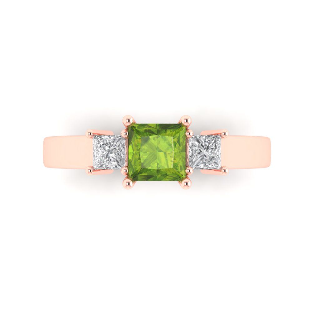 1.11 cttw Natural Peridot Three-Stone Engagement Ring - Solid Rose Gold (VVS1, Princess Cut,5.0mm)