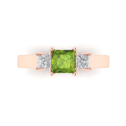 1.11 cttw Natural Peridot Three-Stone Engagement Ring - Solid Rose Gold (VVS1, Princess Cut,5.0mm)