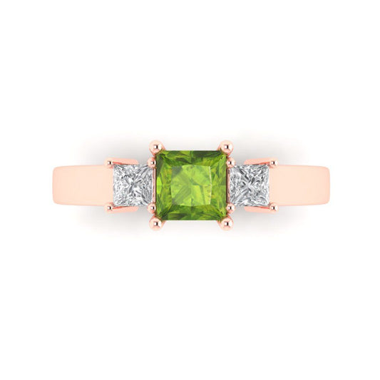 1.11 cttw Natural Peridot Three-Stone Engagement Ring - Solid Rose Gold (VVS1, Princess Cut,5.0mm)