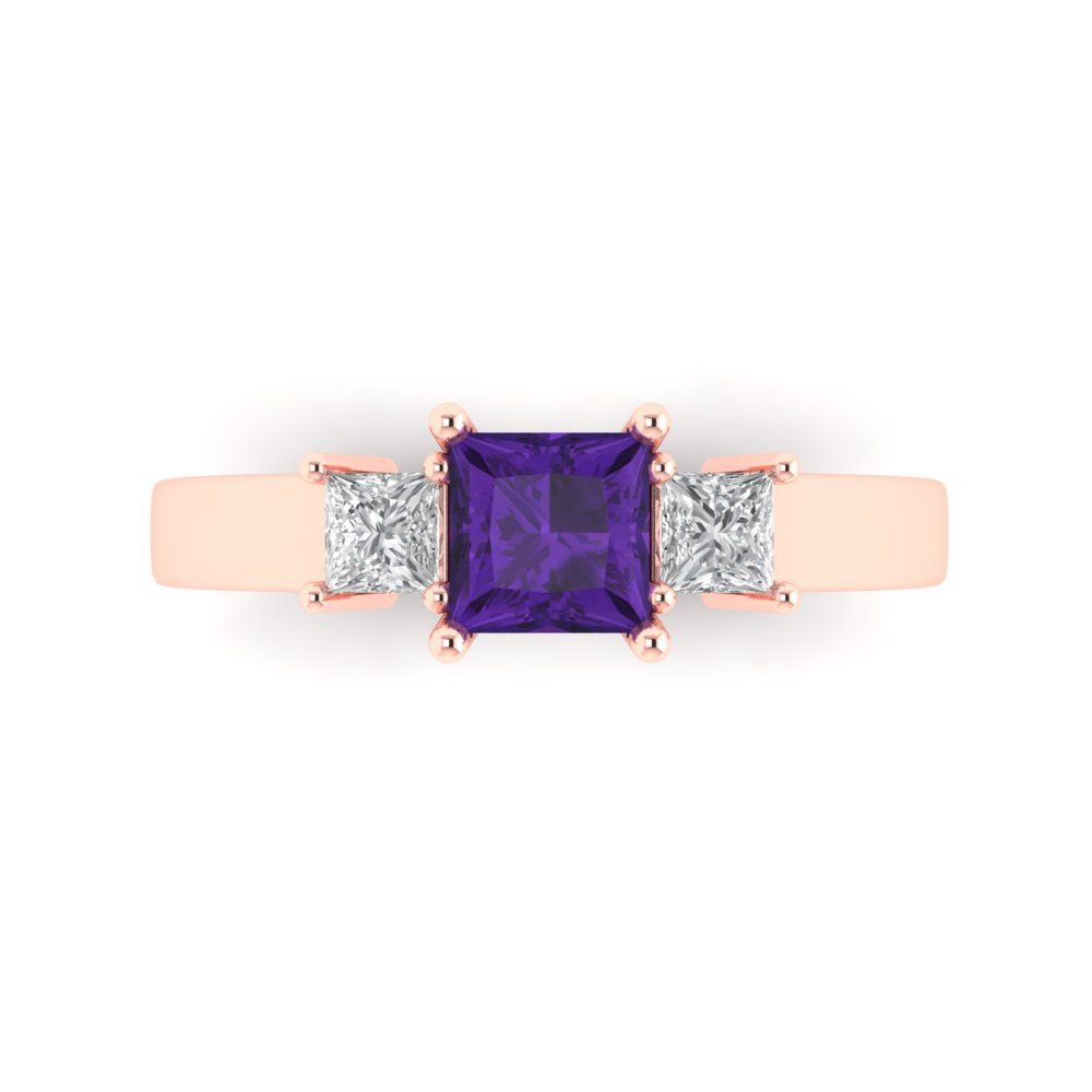 1.11 cttw Natural Amethyst Three-Stone Engagement Ring - Solid Rose Gold (VVS1, Princess Cut,5.0mm)