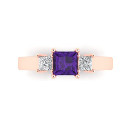 1.11 cttw Natural Amethyst Three-Stone Engagement Ring - Solid Rose Gold (VVS1, Princess Cut,5.0mm)