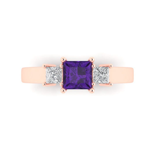 1.11 cttw Natural Amethyst Three-Stone Engagement Ring - Solid Rose Gold (VVS1, Princess Cut,5.0mm)