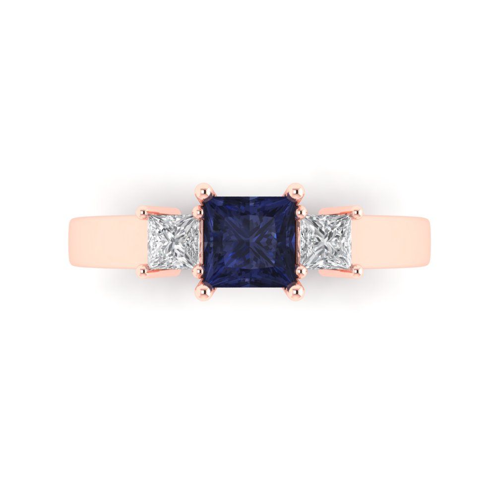 1.11 cttw Simulated Blue Sapphire Three-Stone Engagement Ring - Solid Rose Gold (VVS1, Princess Cut,5.0mm)