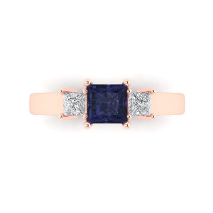 1.11 cttw Simulated Blue Sapphire Three-Stone Engagement Ring - Solid Rose Gold (VVS1, Princess Cut,5.0mm)