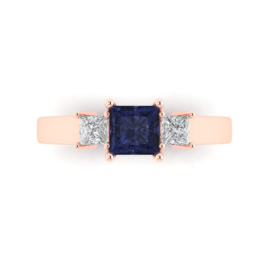 1.11 cttw Simulated Blue Sapphire Three-Stone Engagement Ring - Solid Rose Gold (VVS1, Princess Cut,5.0mm)