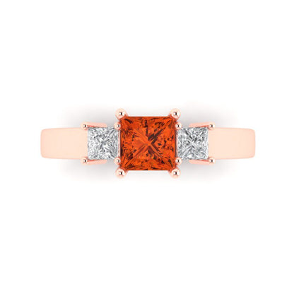 1.11 cttw Zirconia Simulated Red Diamond Three-Stone Engagement Ring - Solid Rose Gold (VVS1, Princess Cut,5.0mm)