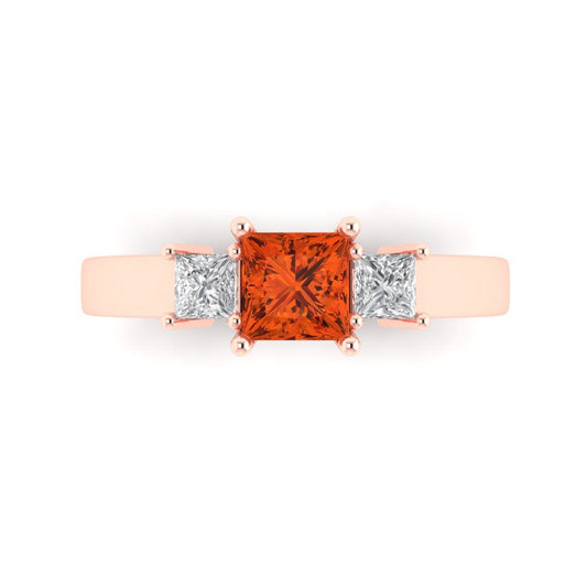 1.11 cttw Zirconia Simulated Red Diamond Three-Stone Engagement Ring - Solid Rose Gold (VVS1, Princess Cut,5.0mm)