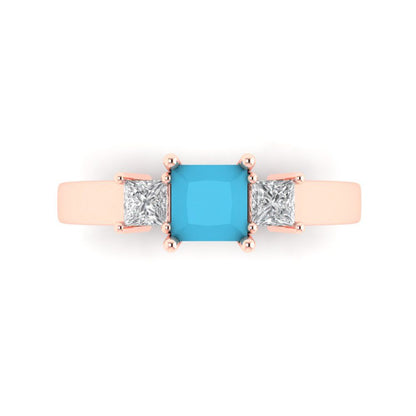 1.11 cttw Simulated Turquoise Three-Stone Engagement Ring - Solid Rose Gold (VVS1, Princess Cut,5.0mm)