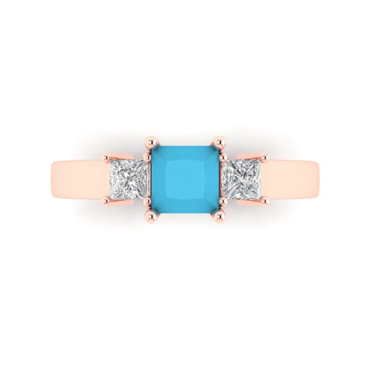 1.11 cttw Simulated Turquoise Three-Stone Engagement Ring - Solid Rose Gold (VVS1, Princess Cut,5.0mm)