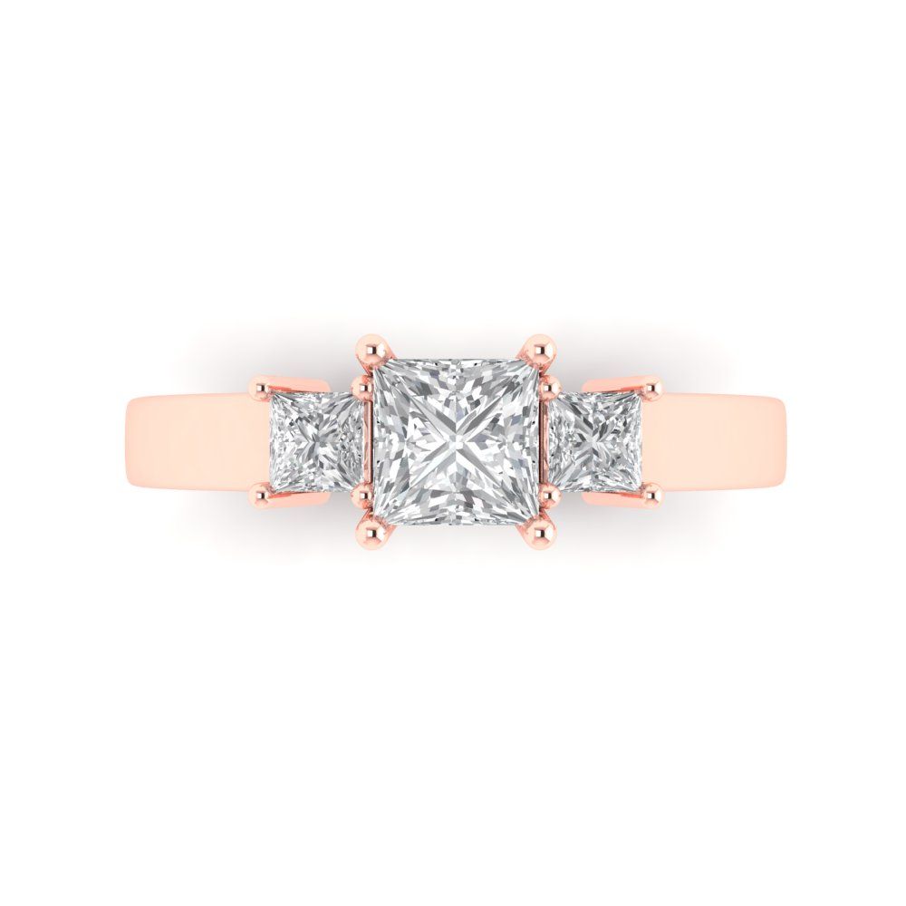 1.11 cttw Moissanite Three-Stone Engagement Ring - Solid Rose Gold (VVS1, Princess Cut,5.0mm)