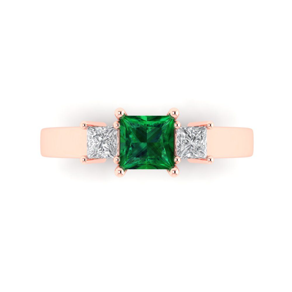 1.11 cttw Simulated Emerald Three-Stone Engagement Ring - Solid Rose Gold (VVS1, Princess Cut,5.0mm)